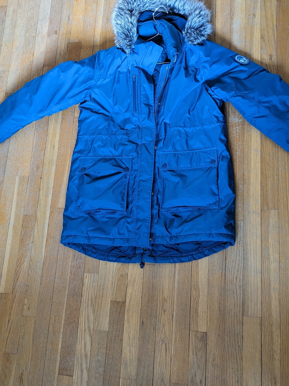 Lands' End Expedition Down Parka in Harbor Blue, Size L (14-16) Faux Fur Hood